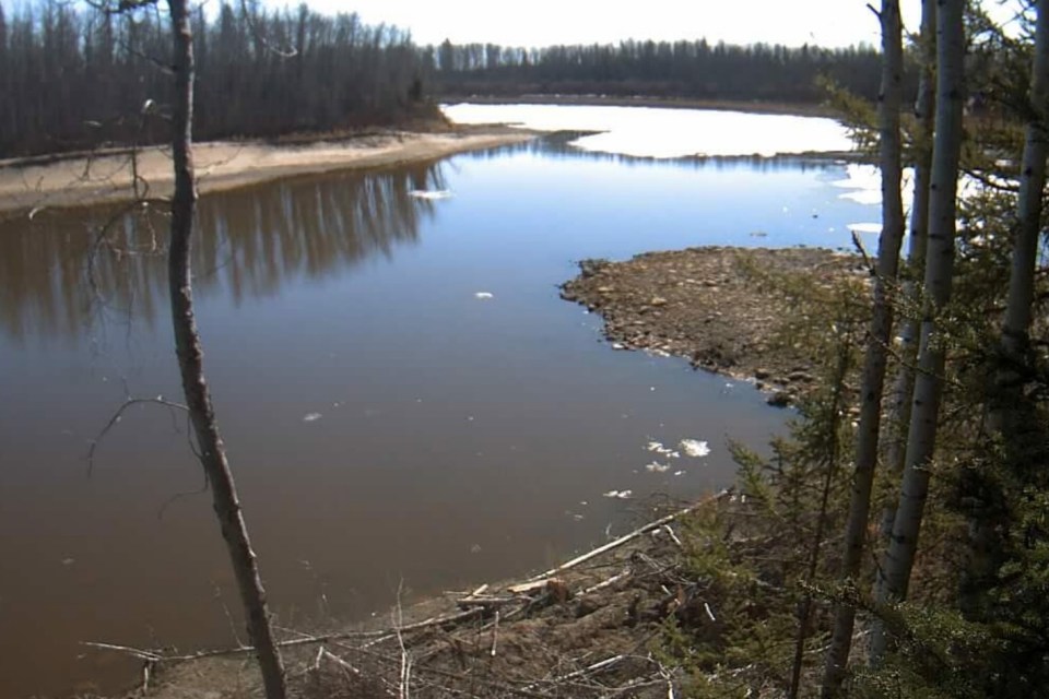 The Hay River is seen near the NWT-Alberta border on April 21, 2024 in a photo taken by a water monitoring station's camera.